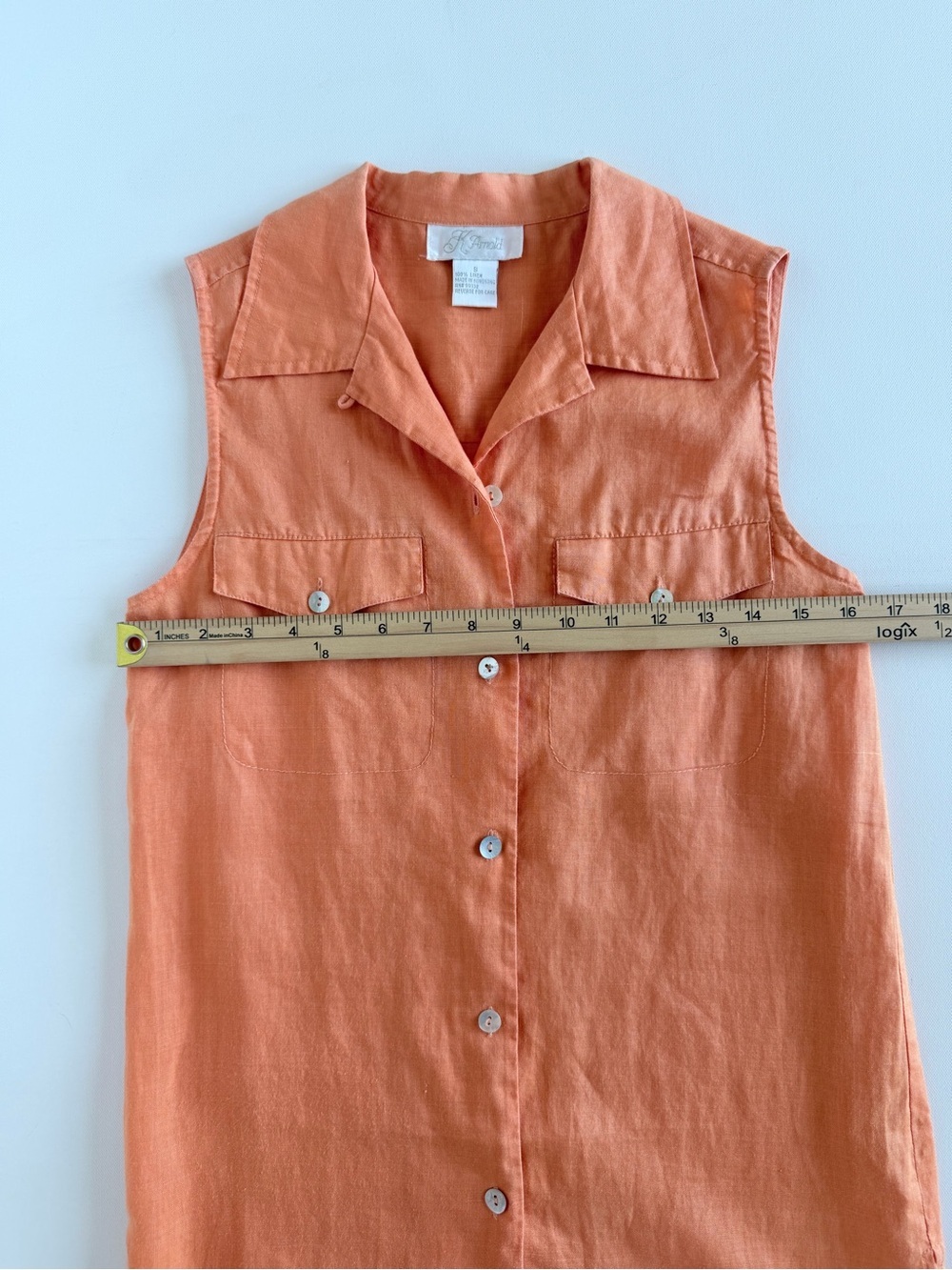 K Arnold 100% Linen Sleeveless Button Front Camp Shirt Orange Size Small - Picture 6 of 8